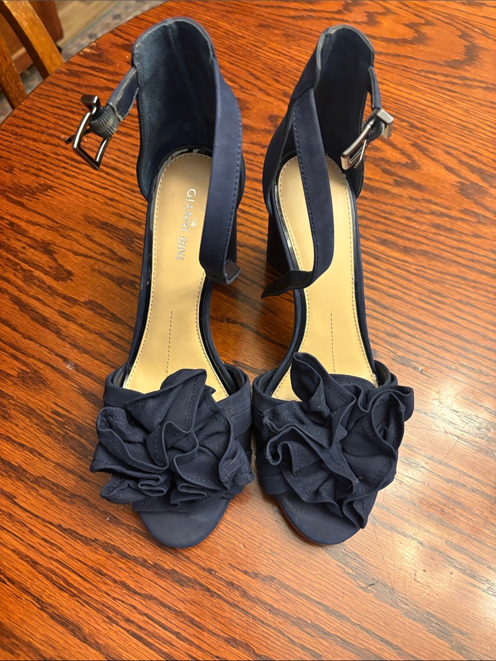 Gianni Bini Navy Ruffle Open-Toe Ankle-Strap Heels